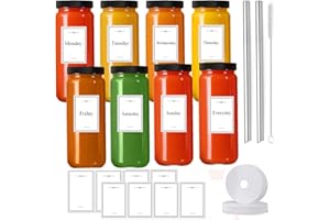 MUJUZE Zestaw szklanek do smoothie z pokrywką i słomką, 8 x 500 ml szklane butelki do napełniania, zakrętki, okrągłe kubki do smoothie na wynos, wielokrotnego użytku