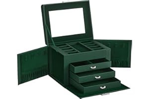 ‎SONGMICS SONGMICS 4-poziomowe pudełko na biżuterię, pudełko na akcesoria, pudełko do przechowywania, z uchwytami, 3 szuflady, lustro, zamek, do przechowywania biżuterii w podróży, nowoczesne, retro zielone