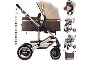 Daliya® Bambimo 3in1 Kinderwagen Kombikinderwagen Riesenset 15-Teilig incl. Babywanne, Buggy, Babyschale mit Fußsack, Alu-Rahmen, Voll-Gummireifen, Wickeltasche, Kindertisch - Braun Gold