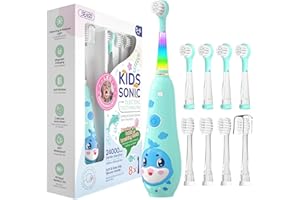 seago cepillo electrico infantil recargable, cepillo dientes bebe con luz LED, temporizador y 8 cabezal de recambio para niños mayores de 2 años, IPX7, SG2139(Azul Claro)