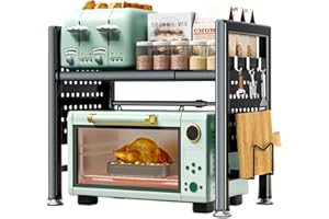 BBLTIFF Mikrowellen Regal, 2-Stufig Erweiterbares Mikrowellenregal 40-65cm, Microwave Shelf, Küchenregal Stehend, Regal Küche mit 6 Haken, Ablage für Schneidebrett, Gebrauchsanweisung (Schwarz)
