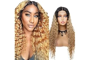 Weeybay Real Hair Wig for Women Wigs Curly Wave Human Hair Wig 4 x 4 Lace Closure 1B27 Ombre Blonde 150% Density Unprocessed Remy Hair Glueless 24 Inches