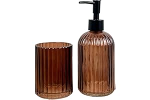 ALFIE FRANCIS 2 Piece Amber Ribbed Glass Bathroom Sink Accessories Set Liquid Soap Lotion Dispenser Tumbler/Toothbrush Holder Cup
