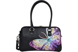 Anna by Anuschka Women's, Handpainted Leather Large Multi Comparment Satchel, Butterfly Glass Painting None US