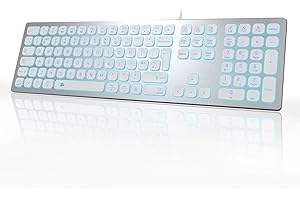 B.FRIENDIT Aluminum Slim Backlit Keyboard Wired - UK Layout Compatible with Apple iMac, Macbook, Mac and PC, USB Keyboard Numeric Keypad RGB Backlit Key - Silver White