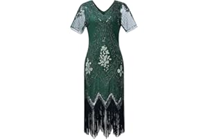 JaosWish Gatsby 1920s Flapper Dress Women Vintage Sequin Fringe Beaded Art Deco Fancy Dress with Sleeve for Party Prom