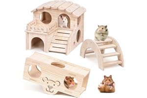 BREUAILY Set di 3 Giochi per Criceti - Casetta di Legno, Accessori per Esercizi Sportivi e Allenamento - Adatto per Gerbilli, Porcellini D'india, Cincillà