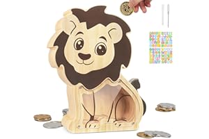 omedecal Salvadanaio Bambini in Legno con Adesivi e Pennarello, Riutilizzabile Salvadanaio Apribile Soldi Cash Box Risparmio Soldi per Bambini e Adulti - Leone