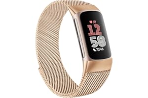 Msksjer Métal Bracelet Compatible avec Bracelet Fitbit Charge 6/5 pour Femme Homme, Double Bracelet Magnétique Ajustable pour Tracker de Fitness Fibit Charge 5, Métal lisse en Acier Inoxydable Or Rose