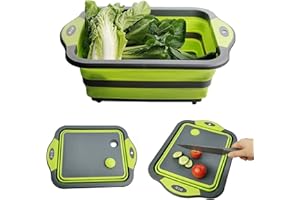 DLD 【Upgrade】D L D Collapsible Cutting Board with Colander Containers, Foldable Food Grade Silicone Dish Tub Chopping Board, Washing Basin Draining Basket Strainer for Home Kitchen Camping Picnic BBQ