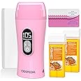Digital Roll On Wax Kit, Honey Wax Roller Waxing Kit Roll On Wax Warmer for Hair Removal, Depilatory Roll On Wax Heater with 2 Cartridge Refill and 100 pcs Wax Strips for Sensitive Skin(Pink)