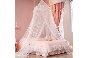 Nattey Bed Canopy With Lights for Girls - Gold Star Princess Curtains, Extra Large Dome Mosquito Net Reading Nook for Kids Boys Twin Full Queen Size Bed, Fire Retardant Fabric