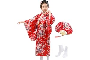 KRUIHAN Kimono Japonais pour Filles,Robe Yukata Japonaise,Robe Kimono Satin pour les Enfants,Robe de Soirée de Jeu de Rôle Anime pour les Filles avec Eventail Pliant et Chaussettes Tabi