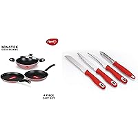 Pigeon by Stovekraft Basics Aluminium Non-Stick Cookware Set, Set of 3 (with one lid), Pink + Pigeon - Ultra Stainless Steel Knife Set, Set of 4, Multicolour