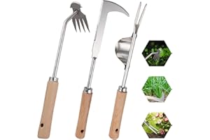 Foyucool 3 Piezas Extractor Malas Hierbas con Mango de Madera, Desherbador Manual de Acero Inoxidable, Weeder de Mano de Jardín Azadillas, Fácil Almacenamiento, Plantar y Desherbar