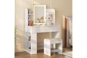 Devoko Tocador de Maquillaje con Taburete y Luces LED, Brillo Ajustable, Mesa de Maquillaje con Espejo, con 2 Cajones Grandes y 4 Estantes Abiertos y Taquilla Lateral, Vanity Moderno, Blanco