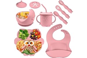 Bwaliffury Children's Plate Sets Silicone, 9 Pieces Non-Slip Tableware Sets with Spoon, Split Plate and Bib, Baby Tableware Set with Suction Cup, Silicone Tableware Baby for Toddlers