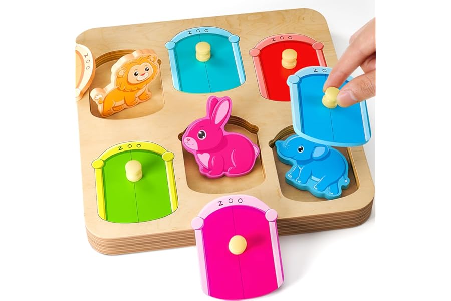 SYHLN Animal Peg Puzzles Wooden Toys for 1 2 Year Old: Montessori Toys for Boys Girls Easter Birthday Gifts Present - Preschool Educational Toys for Kids Baby Toddlers Age 1-3