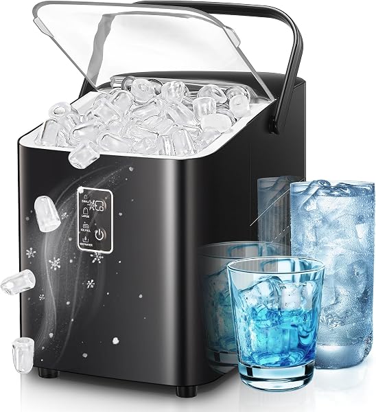 FOHERE Eiswürfelmaschine, Eiswürfel in 5 Minuten, 14KG in 24 Stunden, Selbstreinigender Mini Eiswürfelbereiter, 2 Eiswürfel Größen für Küche, Büro, Bar und Party (Tiefschwarz) - 1