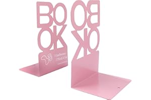 MENGH-SHOP Metal Bookend Creative "BOOK" Letter Pattern Book Support Organizer Nonskid Art Book Stand for Desk Office Home Decoration Students Gift 1 Pair (Pink, Height 205mm)