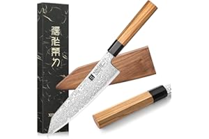 XINZUO Acciaio Damasco Coltello da Cuoco Kiritsuke, Stile Giapponese 21,5cm Coltello da Cucina Chef Gyuto Forgiato a Mano-Manico in Legno d'Ulivo e Corno di Bufalo Nero-con Guaina in Legno di Noce