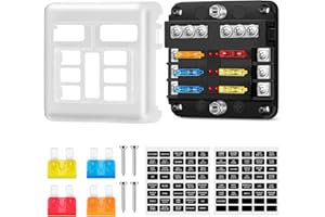 PAKINUI 6-drożny samochodowy uchwyt bezpieczników,12-woltowy uchwyt bezpiecznika płaskiego z osłoną ochronną,blok bezpieczników ze wskaźnikiem LED,10 bezpieczników płaskich,do samochodów osobowych,łodzi,VAN