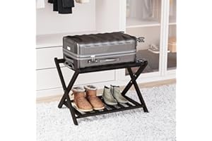 SMART FENDEE Suitcase Stand Folding Luggage Rack 2-Tier Luggage Stand Luggage Stand for Guest Room Foldable Luggage Racks for Suitcases Suitcase Stand for Guest Room Folding Luggage Rack with Shelf (Espresso)