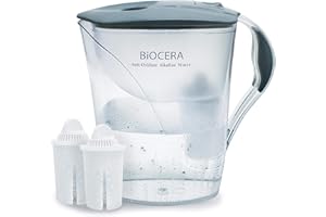 BIO CERA Biocera Alkaline Water Filter Jug With 2 Filter Cartridges - Produces Alkaline, Antioxidant, Hydrogen Rich Water - BPA-Free - NSF Certified - Cost Effective - Simple To Use - Grey Lid and Handle