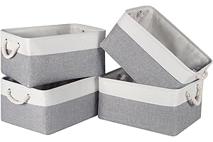 Syeeiex Storage Basket for Shelves [4 Pack], Storage Boxes with Handles, Large Fabric Storage Bins for Organizing Home and Office, White & Grey