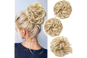 PORSMEER 2 Pieces Messy Hair Buns Hair Piece Scrunchies for Women Girls Curly Wavy Ponytail Extensions Updo Hair Pieces Blonde Mix Light Blonde Donut Hair Chignons Hair Accessories