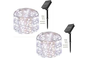 BXROIU Catena di luci solare per esterni, [2 pezzi] 100 LED in filo d'argento da 10 metri, impermeabile, per matrimoni, feste e Natale (bianco freddo)