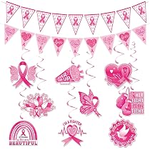 Décoration Rose Cancer Sein Kit Décoration Ruban Rose WANDIC - 34 Bannières, 9 Tourbillons, 200 Confettis Cancer Du Sein Kit Sensibilisation Cancer Sein WANDIC