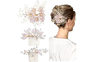 Dizila 3 Pieces Rose Gold Pearl Rhinestone Wedding Bridal Flower Hair Clip Barrette+Crystal Rhinestone Leaf Hair Side Combs Slides Hair Pins Headpieces Accessories for Brides Bridesmaids Women Girls