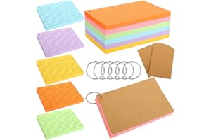 ‎FYGUARD 300 Stück Karteikarten A6, 150g/m² Karteikarten Liniert Vokabelkarten Flashcards Bunt mit 6 Binderinge 12 Kraftpapierkarten für Unterwegs Schule Büro Zuhause (6 Farben)