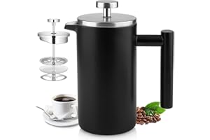 Wrobic Große französische Presse Doppel Isolierte 304 Edelstahl Kaffeepresse mit 3 Extra Fliters, 1.5 Litre Edelstahl Kaffeemaschine (1500ml, Schwarz)