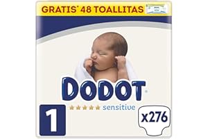Dodot Sensitive Babywindeln, Größe 1 (2-5 kg), 276 Windeln + 1 Pack mit 40 Tüchern, Aqua Plastic Free, optimaler Hautschutz, Monatspaket
