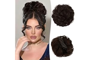 ‎RUWISS RUWISS Krallen Clip Messy Bun Haarteil Echthaar Wellig Lockig Chigno Haardutt Haarverlängerung Hochsteckfrisur Clip in Claw Haar Scrunchies für Damen（Dunkelbraun mit 15% Dunklem Kakaoblond）