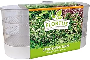 FLORTUS FREUDE AN VIELFALT FLORTUS | Sprossenturm | Keimgerät zum Sprossen ziehen | Anzuchtset mit 3 Anzuchtschalen für verschiedene Keimsprossen | Keimschalen für Sprossen Samen | frische schmackhafte Sprossen ziehen