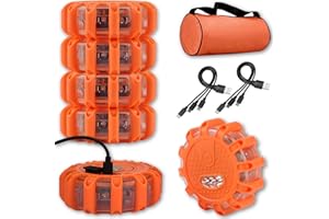 Ecoangel USB Rechargeable LED Road Flares Emergency Lights-Roadside Warning Car Safety Beacon Flashing Disc Flare Kit with Magnetic Base for Vehicles & Boat | 6 Beacon Disc Pack