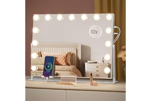 SONGMICS Miroir Coiffeuse, Contrôle Tactile, 15 Ampoules LED, Ports de Charge, Miroir Grossissant Détachable 10X, 3 Températures de Couleur, Support de Téléphone, 58 x 43 cm, Blanc Mat LWM001W02