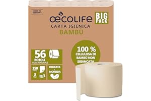 ŒCOLIFE oecolife - Carta igienica in bambù, 3 strati, 56 x 150 fogli per rotolo, super morbida, vegana, carta igienica sostenibile, confezione da 60% PCR (56 rotoli)