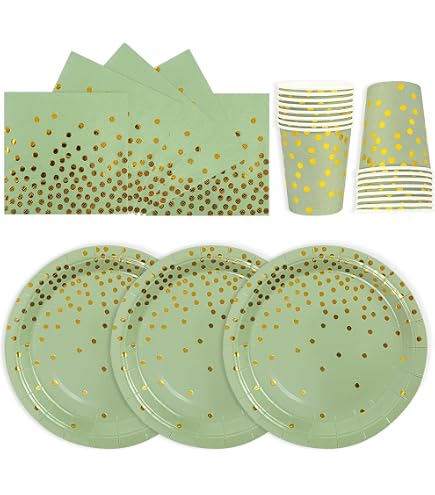 Pack De 72 Assiettes Jetables Pour Anniversaire - Vert Sauge & Doré | 24 Convives | Tout Inclus