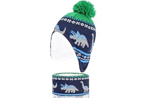 QKURT Boys Hat and Scarf Set, Toddler Winter Warm Knitted Scarf Fleece Hat Pom Pom Beanie Cap with Ear Flap Cold Weather Sets for Kids 2-5 Years Old
