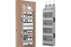 Lifewit Organisateur de porte à 5 étagères transparentes avec 4 poches latérales en maille filet - Rangement suspendu pour salle de bain, chambre à coucher, cuisine, dortoir, camping - Gris clair