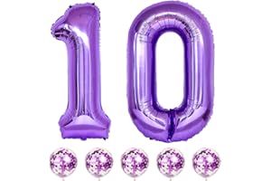 LINGQIANG Large 10 Number Balloons Purple, 40 Inch Helium Foil Number 1 & 0 Balloons Self Inflating with Confetti Balloons for Girls Women 10th 1st Birthday Party Balloons Anniversary Decorations Supplies