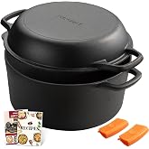 Overmont Dutch Pot 6.6L/7 Quart Cast Iron Casserole Dual Function Lid | Ready-to-use cured cast iron; 10.25" pan lid for baki