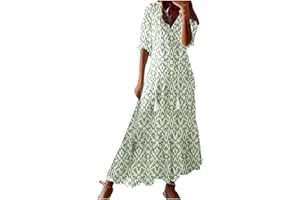 ZEIAYUAS Women's Summer Dress V Neck Boho Maxi Dresses Casual Half Sleeve Long Dress Bohemian Pleated Beach Dress Ladies Flowy Holiday Swing Loose Fit Dresses for Party Evening