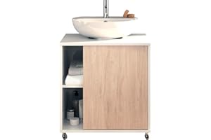 MUEBLES PITARCH | Mueble Bajo Lavabo Armario de Baño 60cm Ancho, con Ruedas, 1 Puerta a Izquierda o Derecha, Blanco y Roble Aurora, Modelo Sintra