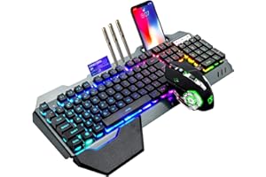 LEXONTECH Teclado inalámbrico para juegos con sensación mecánica retroiluminación RGB batería recargable de 5000mAh con reposamuñecas desmontable+ratón LED de 7 colores para ordenador de escritorio o jugador