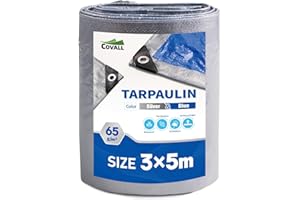 Covall Tarpaulin Lightweight Tarp Groundsheet Sheet Cover 3x5m Waterproof 65g/m² Silver&Blue tarpaulin with eyelets Weatherproof Windproof UV-Resistant for Car Truck Rv House Tent Boat Pool